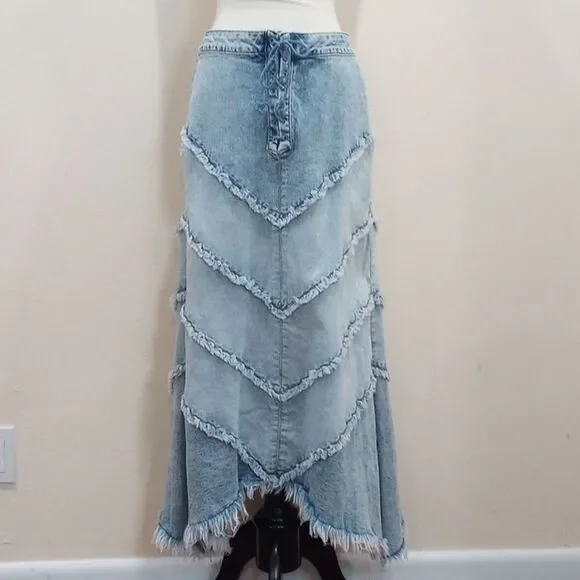 Wash Lab Denim Chevron Raw Hem Maxi Skirt - Size 29 / M - L - Picture 6 of 14